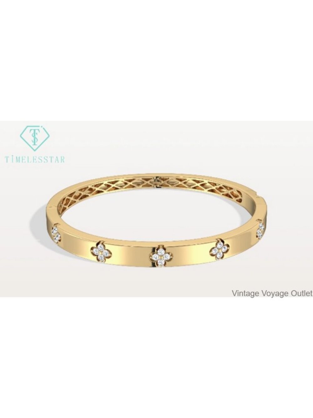 14K Gold Plated Cuff Bracelet Inlaid Four-Leaf Clover Moissanite Hinge Clasp - Picture 6 of 6